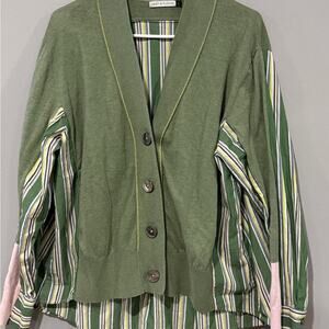 Zaket & Plover Stripe Trim Mixed Media Cardigan Green Large Cotton Silk Blend